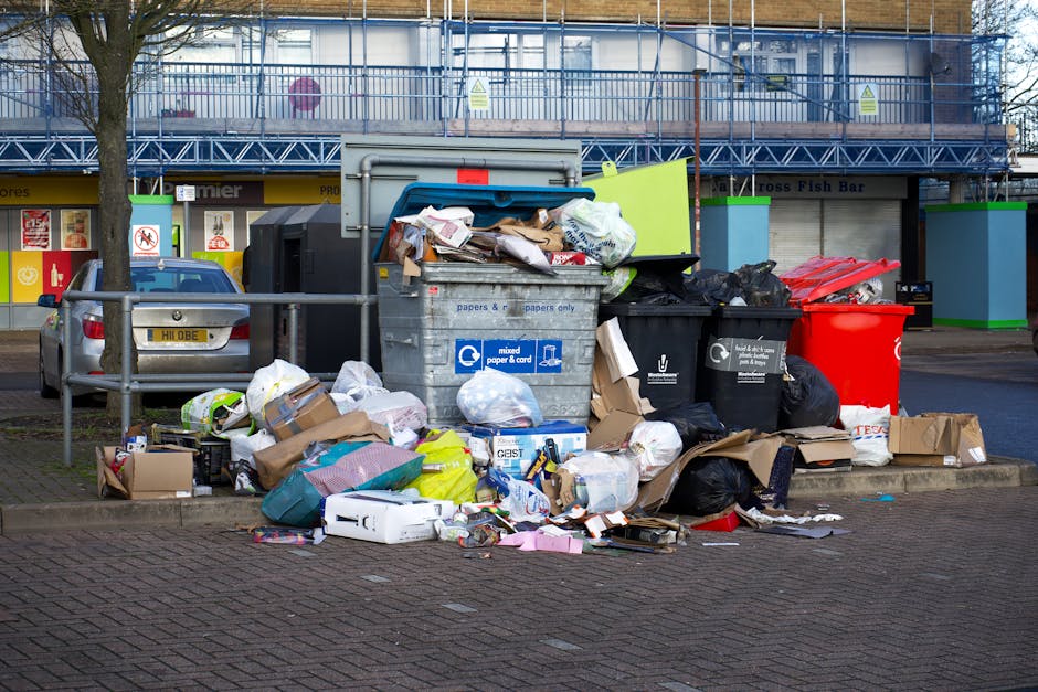 A collection of overflowing black, black, red, and grey bins, along with numerous scattered cardboard boxes, paper bags, and loose packaging materials are piled on a paved sidewalk adjacent to a parking area. The black bins are partly open, revealing waste inside, while the grey bin on the ground is filled with various papers, cardboard, and miscellaneous refuse. Several discarded items, including flattened cardboard boxes, plastic wrappers, and small household packaging, are strewn around the base of the bins, with some spilling onto the cobbled pavement. Behind the rubbish, a metal railing separates the waste area from parked vehicles, including a silver station wagon with a yellow license plate. In the background, a multi-storey building under construction is visible, covered with blue scaffolding and safety netting, with storefronts on the ground floor featuring signs and windows. The scene is illuminated by natural daylight, creating a neutral, observational tone suited for documenting private waste disposal or alternative rubbish collection sites, as managed by services such as House Clearance Catford.