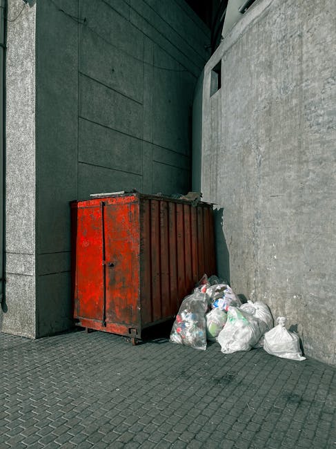 A large, rectangular metal dumpster with a weathered, rusty red exterior is positioned against a dark grey wall on a paved surface, with the building's wall on the left and a concrete wall on the right. The container appears to be used for waste collection and is slightly tilted, with its lid partially open or missing. Several transparent plastic garbage bags filled with mixed waste, including paper and plastic bottles, are piled next to the dumpster, some leaning against its side. The scene takes place outdoors in an urban environment, potentially on a side alley or service area, with the surroundings indicating an area designated for rubbish disposal. The lighting is natural, suggesting daytime, and the overall setting reflects a typical non-domestic waste storage point where independent or private waste collection services, such as House Clearance Catford, might be engaged for rubbish removal, especially in contexts where local authority disposal options are not used or are limited.