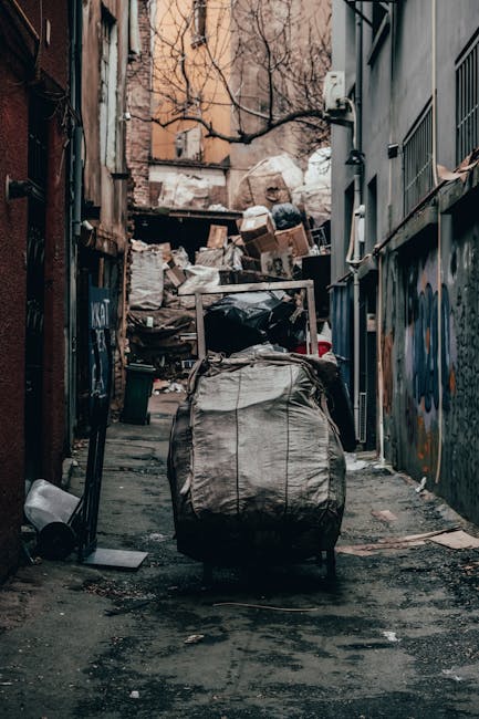 A narrow urban alleyway cluttered with a large, wheeled rubbish bin in the foreground, which appears to be made of weathered, grey fabric material with visible creases and patches. Behind the bin, there is a significant accumulation of mixed waste, including cardboard boxes, black plastic bags, and various discarded debris stacked against a weathered wooden fence and a brick wall. The alley is framed by tall buildings on either side, with graffiti visible on the right wall and bare tree branches extending overhead, indicating a winter or early spring setting. The ground is uneven with dark stains and small scattered fragments of rubbish, suggesting recent or ongoing waste clearance activity typical of private rubbish removal services like those offered by House Clearance Catford. The scene conveys a snapshot of an area awaiting cleaning or clearance, highlighting the importance of effective waste management in urban environments.